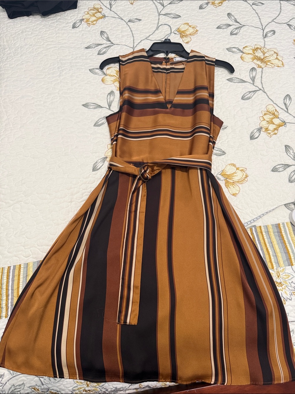 Mango Striped Sleeveless Mini Dress in Camel Brown and Black